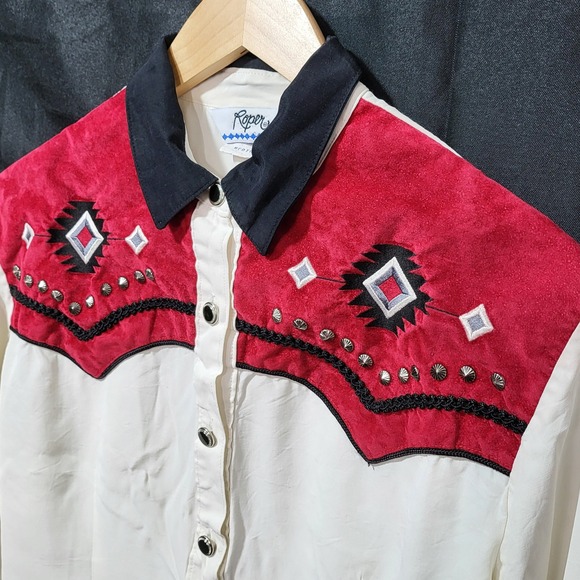 Roper Womens Western Shirt Red Suede Yoke Pearl Snaps Ivory Long Sleeve Medium - Picture 3 of 12